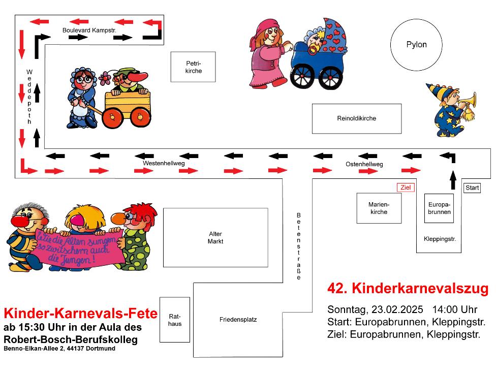 Plan der Zugstrecke des Dortmunder Kinderkarnevalszugs 2025