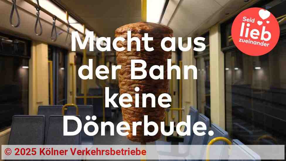 Motiv-Kampagne Essen und Trinken - In einer Straßenbahn ist ein Haltegriff zum Dönerspieß mit Fleisch umfunktioniert | Quelle: Kölner Verkehrsbetriebe